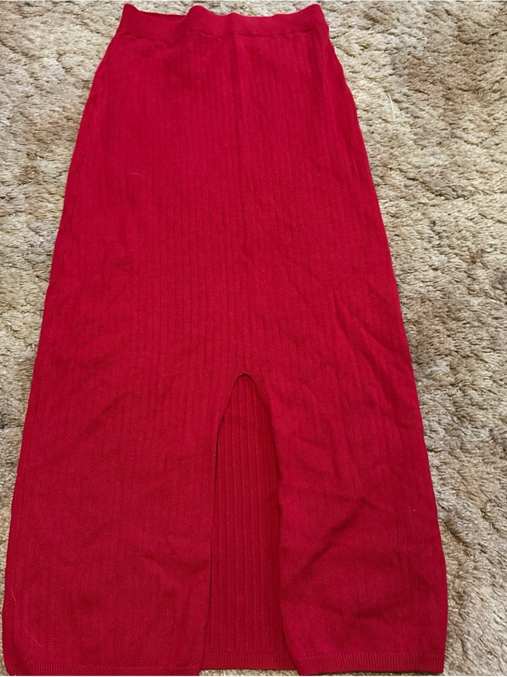 Free People Cherry Red Ribbed Skyline Midi Skirt with Front Slit